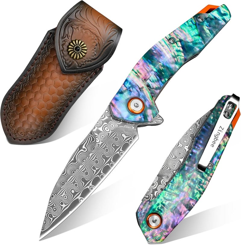 Zingbee Damascus Pocket Knife, 3.03" VG10 Damascus Steel Blade Folding Knife with Abalone Shell Handle, EDC Camping Knives for Outdoor Indoor, Gifts for Women Men - Image 1
